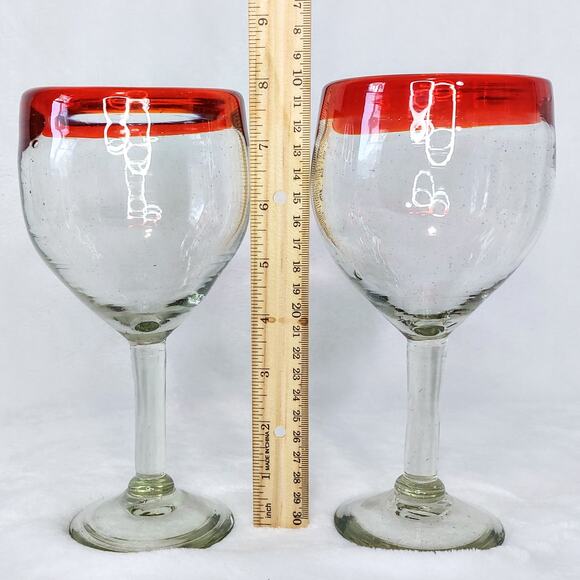 Hand Blown Mexican Wine Margarita Glasses Red Rim Set of 2 Water Goblet Balloon - Picture 9 of 12